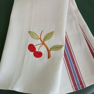 Cherry Embroidery Scene Tea Towel Cotton Dishcloth Rectangle 27" x 20" Table